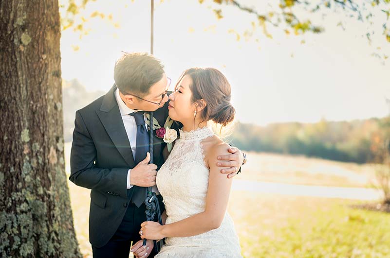 Bride and Groom Kissing on the swing